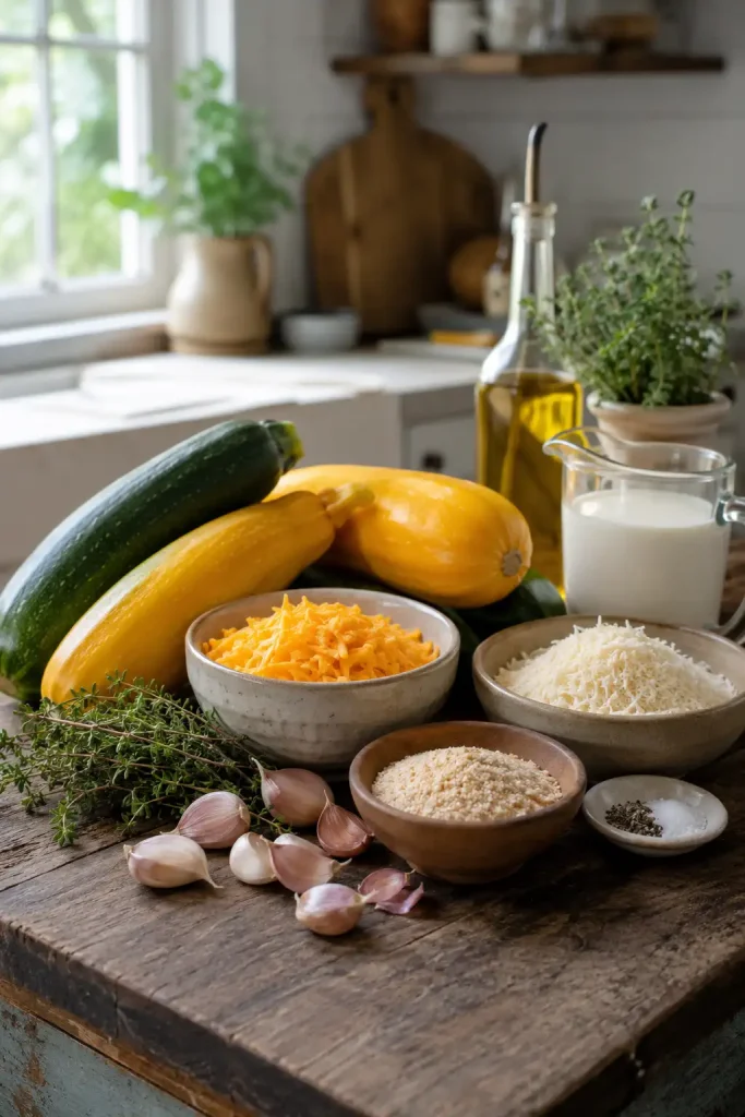 Zucchini and Yellow Squash Au Gratin: A Delicious Twist! 93 Fresh ingredients for zucchini and yellow squash au gratin including zucchini yellow squash cream cheddar cheese parmesan garlic thyme and breadcrumbs