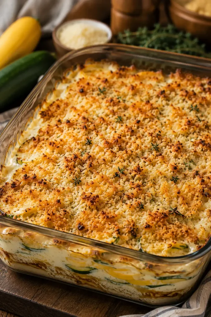 Zucchini and Yellow Squash Au Gratin: A Delicious Twist! 102 Freshly baked zucchini and yellow squash au gratin with a crispy golden cheese topping