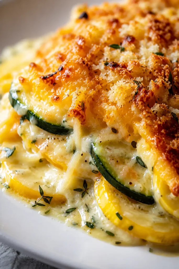 Zucchini and Yellow Squash Au Gratin: A Delicious Twist! 92 Zucchini and yellow squash au gratin baking in the oven with bubbling cheese and golden crust