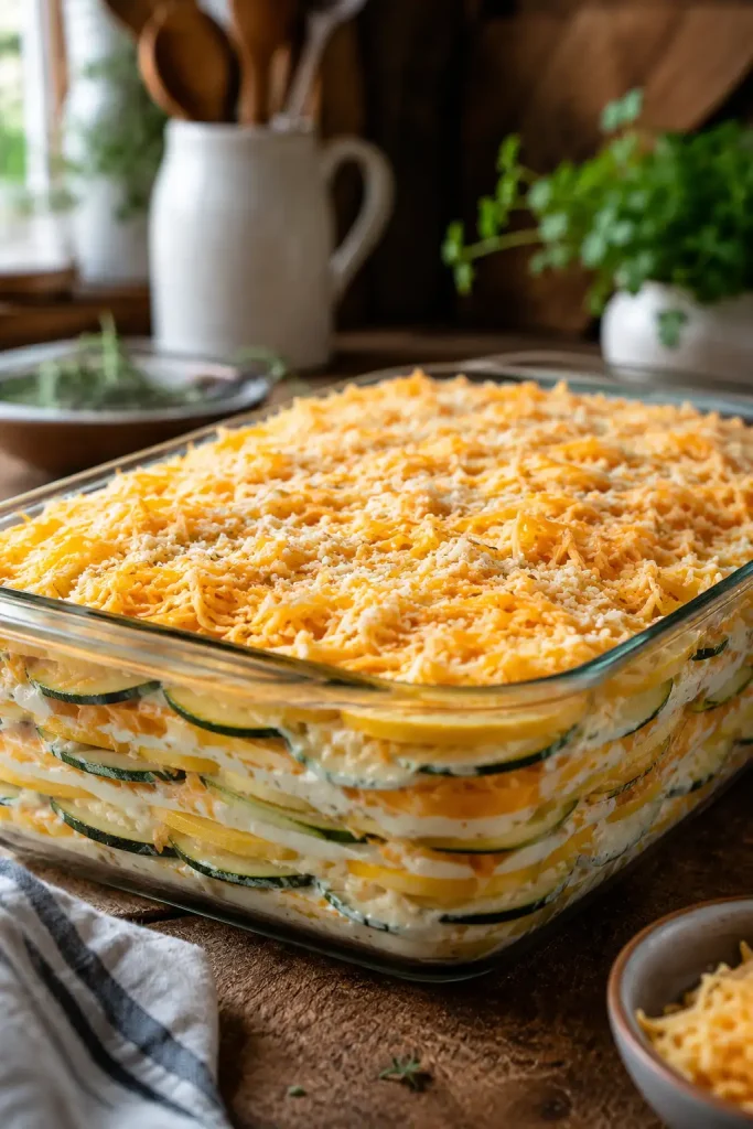 Zucchini and Yellow Squash Au Gratin: A Delicious Twist! 91 Zucchini and yellow squash au gratin baking in the oven with bubbling cheese and golden crust. 3