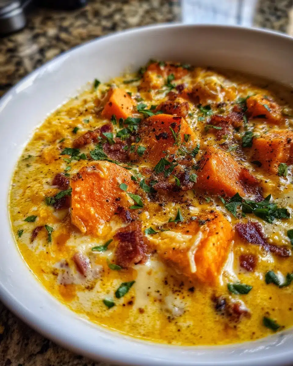 Irresistible Baked Chipotle Cheddar Sweet Potato Chowder