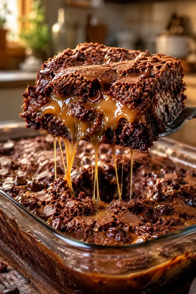 Adding chocolate chips and chopped pecans on top of the condensed milk layer in a Chocolate Caramel Dump Cake