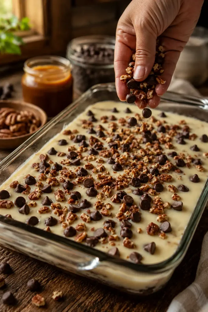 Chocolate Caramel Dump Cake ingredients including chocolate cake mix sweetened condensed milk chocolate chips caramel sauce butter and chopped nuts arranged on a kitchen counter