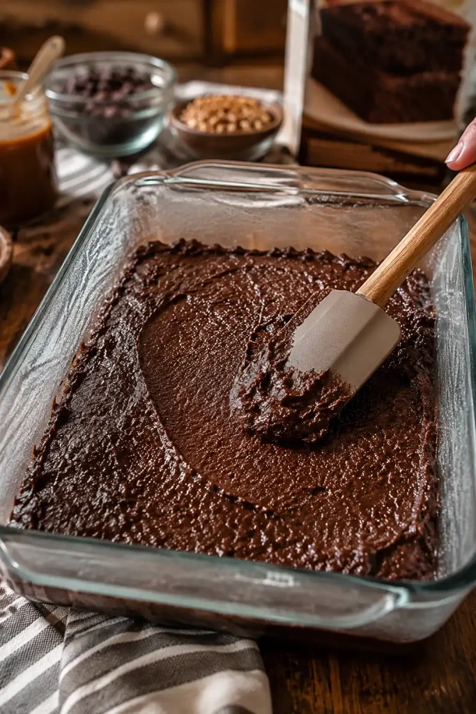 Chocolate Caramel Dump Cake ingredients including chocolate cake mix sweetened condensed milk chocolate chips caramel sauce butter and chopped nuts arranged on a kitchen counter. 2