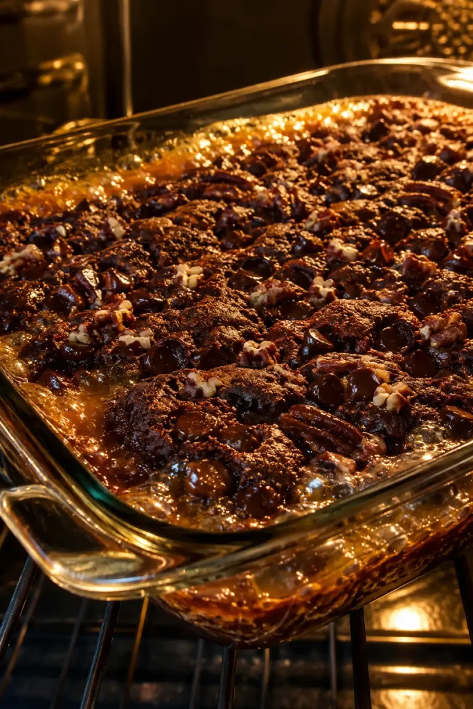 Chocolate Caramel Dump Cake with molten caramel filling rich chocolate layers and glossy chocolate topping on a white dessert plate