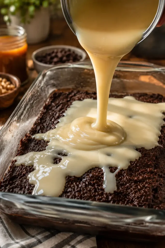 Chocolate cake mixture spread evenly in a greased baking dish before adding the remaining ingredients