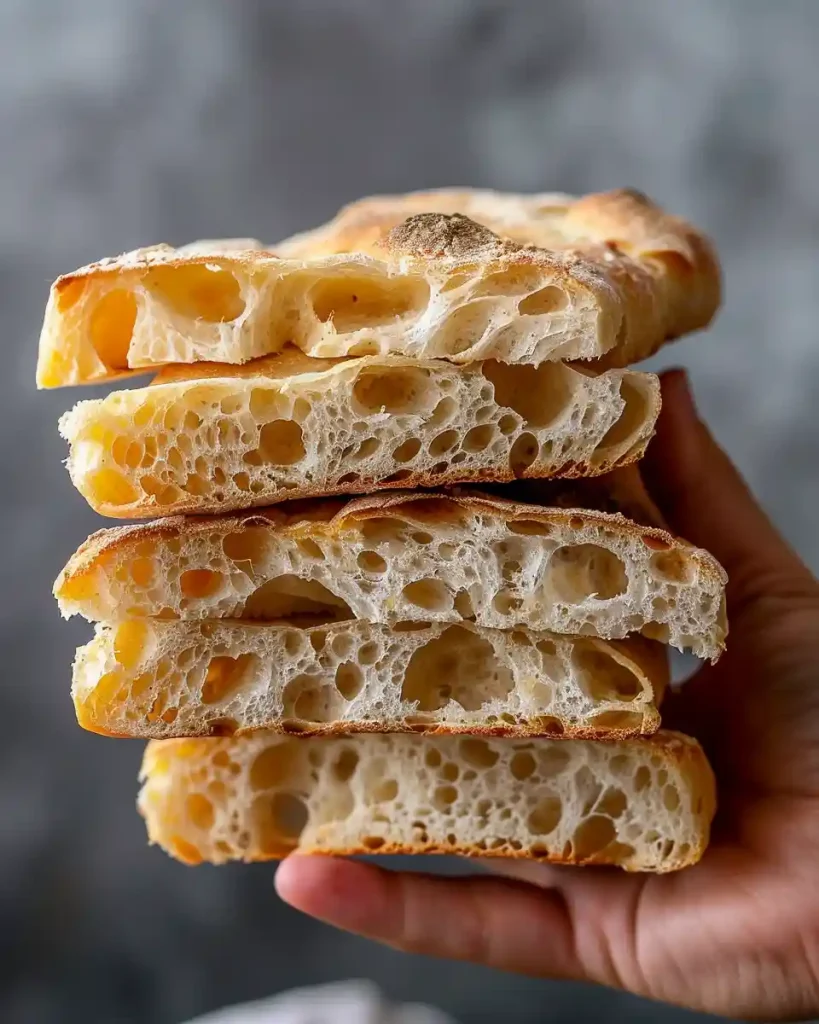 Easy Same-Day Focaccia Bread: Bake It in Minutes! 127 Close up of homemade focaccia bread slices with big air bubbles and crispy crust