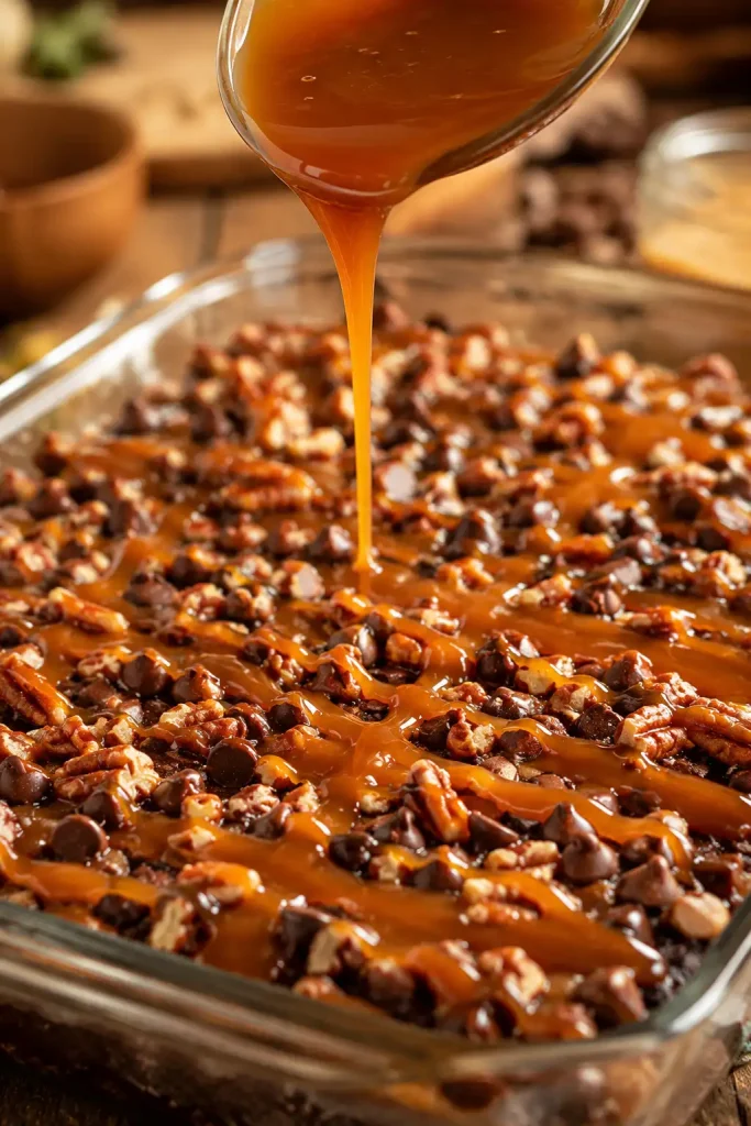 Decadent Chocolate Caramel Dump Cake slice with gooey caramel center and melted chocolate topping served on a white plate
