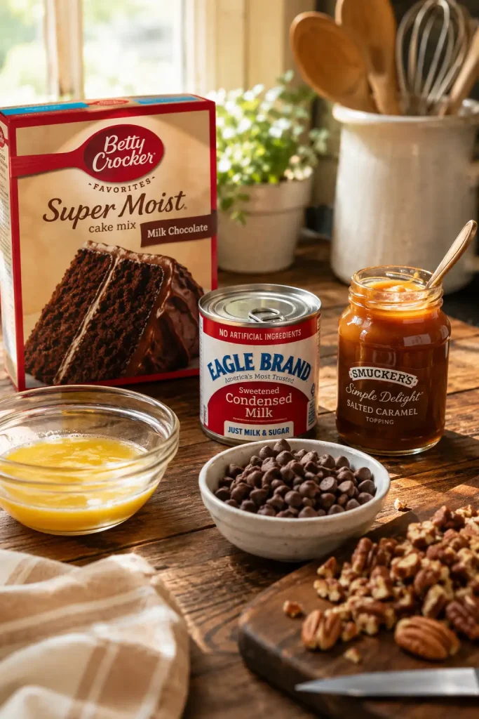Easy Chocolate Caramel Dump Cake recipe made with 6 ingredients featuring rich chocolate cake gooey caramel filling melted chocolate chips and a decadent homemade dessert texture