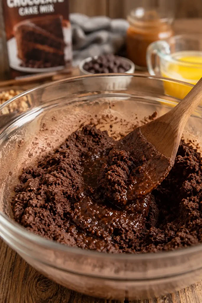 Freshly baked Chocolate Caramel Dump Cake cooling in a glass baking dish after being removed from the oven