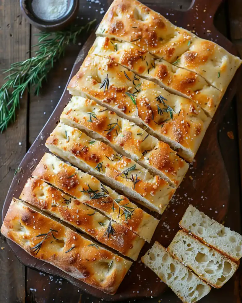 Easy Same-Day Focaccia Bread: Bake It in Minutes! 124 Freshly baked focaccia bread slices with airy crumb and rosemary on a wooden board