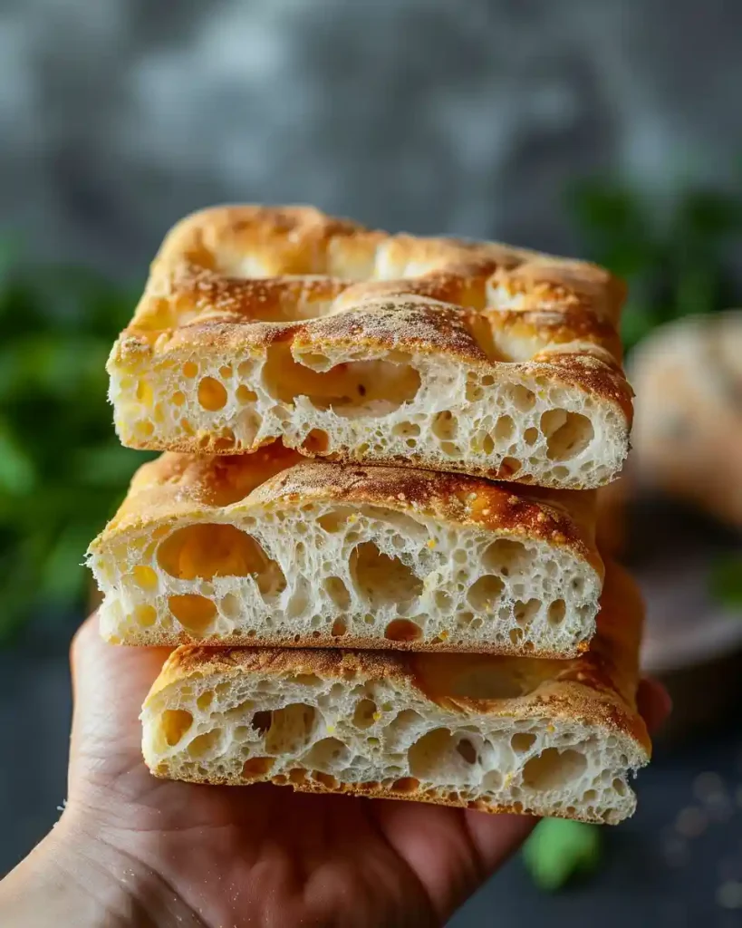 Easy Same-Day Focaccia Bread: Bake It in Minutes! 133 Hand holding slices of fluffy focaccia bread showing airy crumb texture