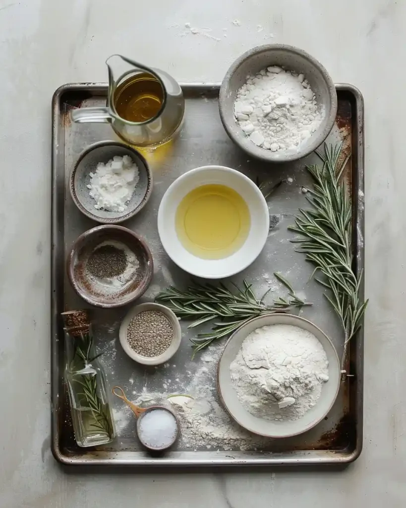 Easy Same-Day Focaccia Bread: Bake It in Minutes! 125 Ingredients for homemade focaccia bread including flour olive oil yeast salt rosemary and water