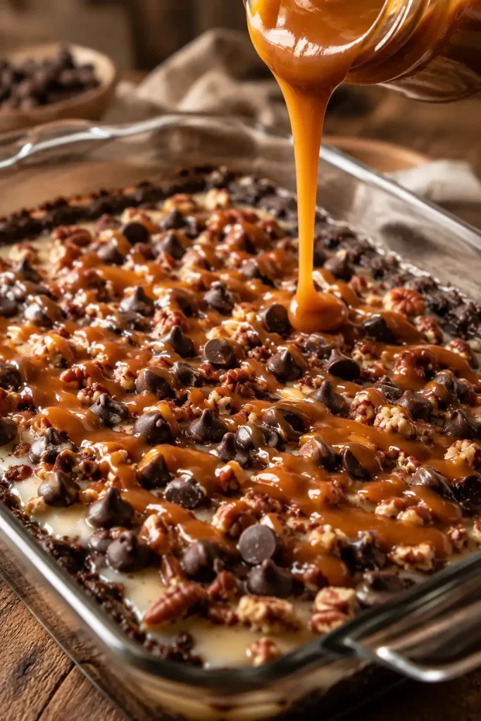 Mixing chocolate cake mix with melted butter in a glass bowl to prepare the base for a Chocolate Caramel Dump Cake