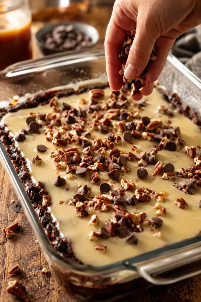Mixing chocolate cake mix with melted butter in a glass bowl to prepare the base for a Chocolate Caramel Dump Cake. 2