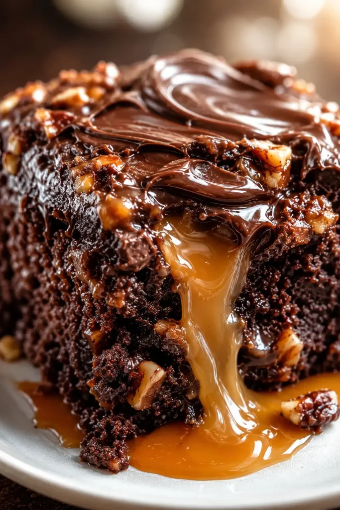 Pouring sweetened condensed milk over the chocolate cake mixture in a baking dish for a gooey dessert texture