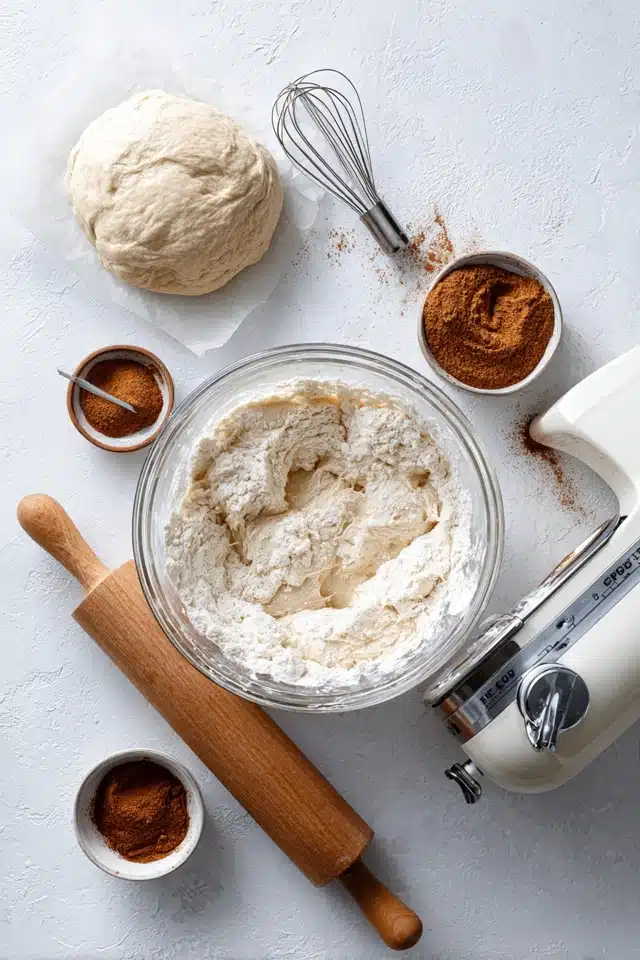 sticky cinnamon roll dough mixing in a stand mixer bowl