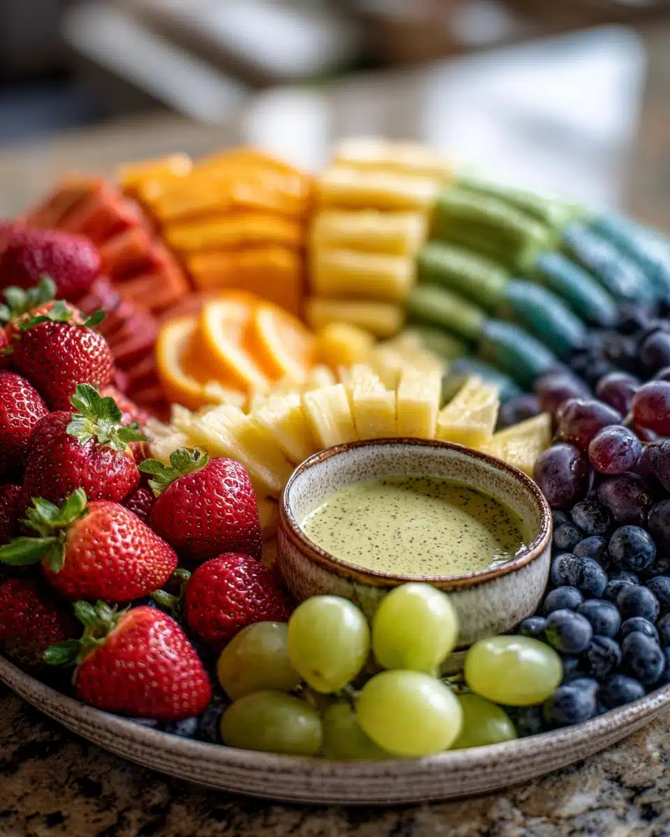 Rainbow Fruit Board with Pistachio Cream Cheese Dip — The Prettiest St. Paddy's Party Snack